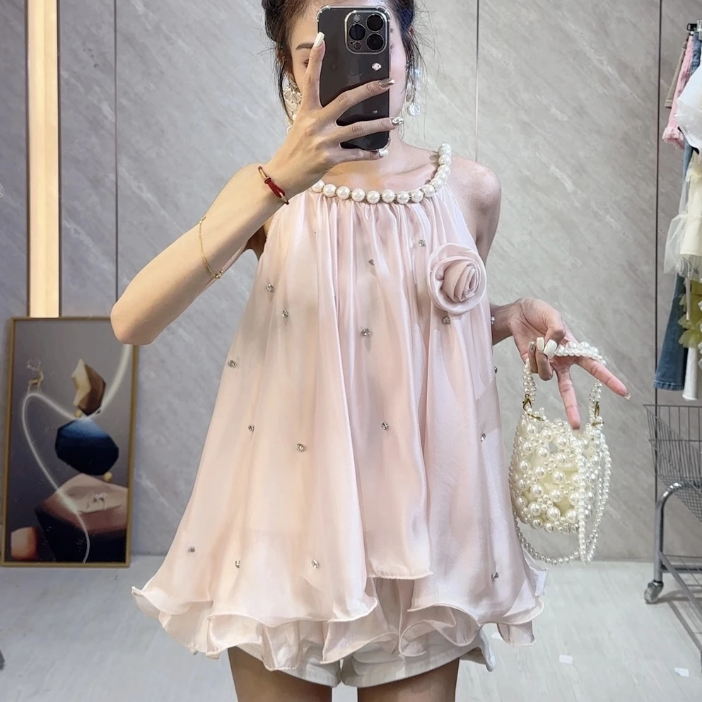 夏季钉钻珍珠吊带衫小个子出游穿搭立体花朵无袖露肩宽松辣妹上衣