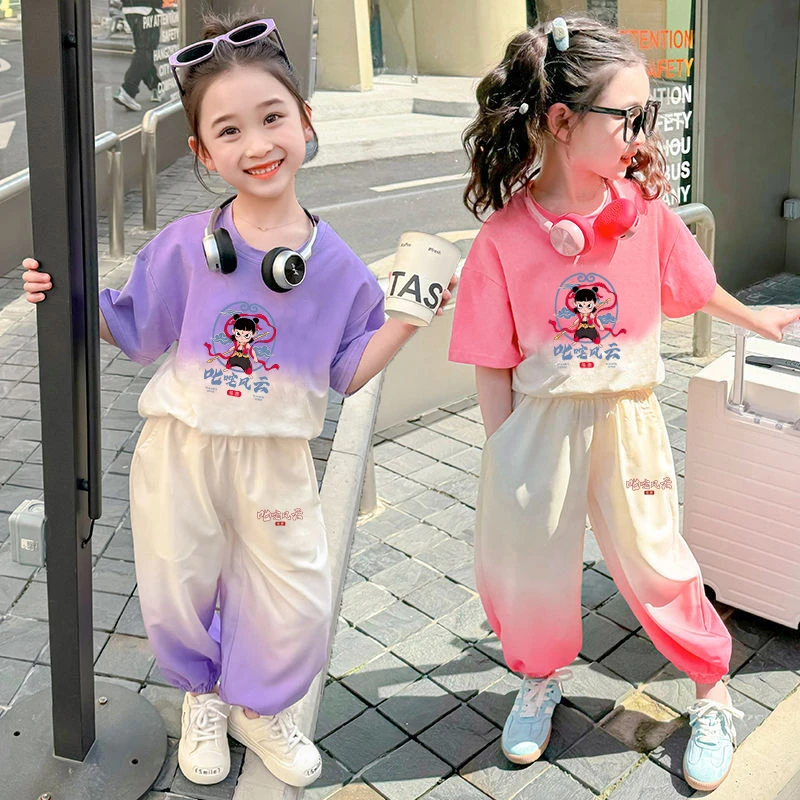 国潮女孩哪吒闹海套装2025夏季卡通新款女童靓短袖上衣长裤两件装