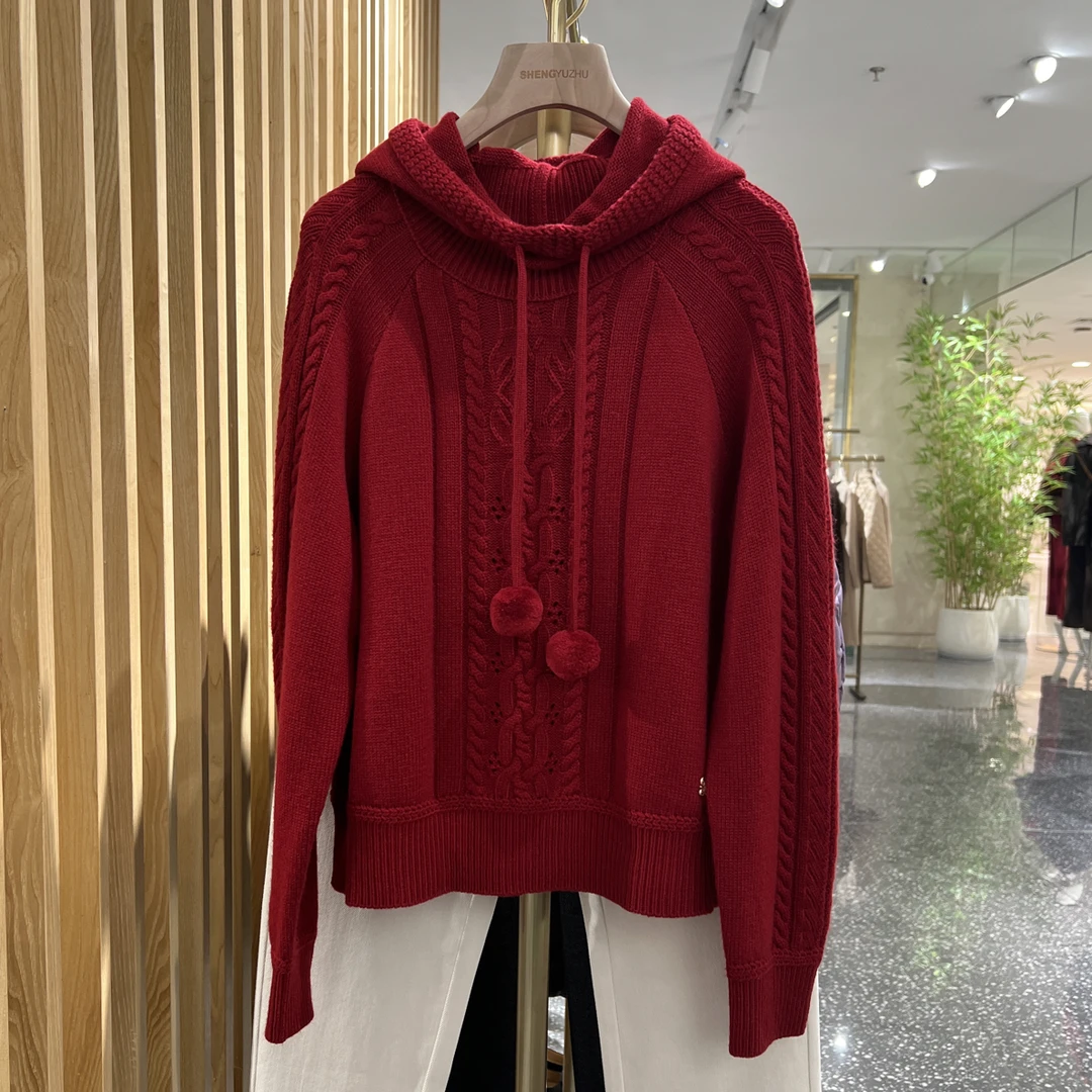 声雨竹7R756冬季红色连帽套头毛衣宽松休闲秋冬时尚百搭时髦
