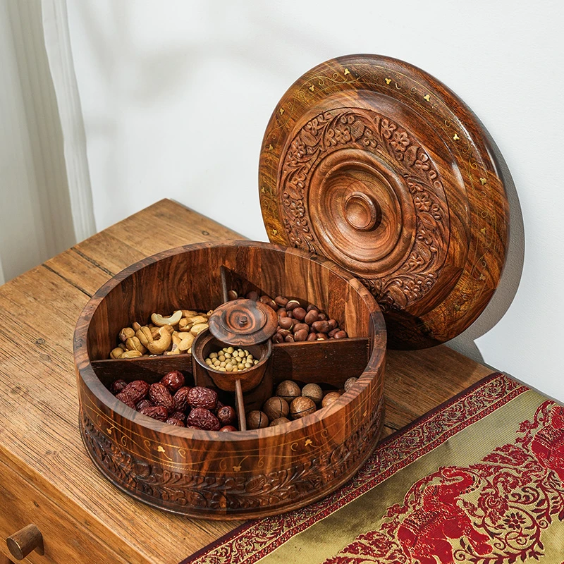 华仔亲荐手工檀木雕刻铜丝镶嵌工艺圆形带盖收纳盒客厅创意摆件