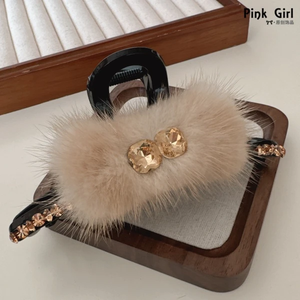 Pink Girl1936韩版秋冬气质百搭水貂毛13cm大号抓夹后脑勺盘发夹
