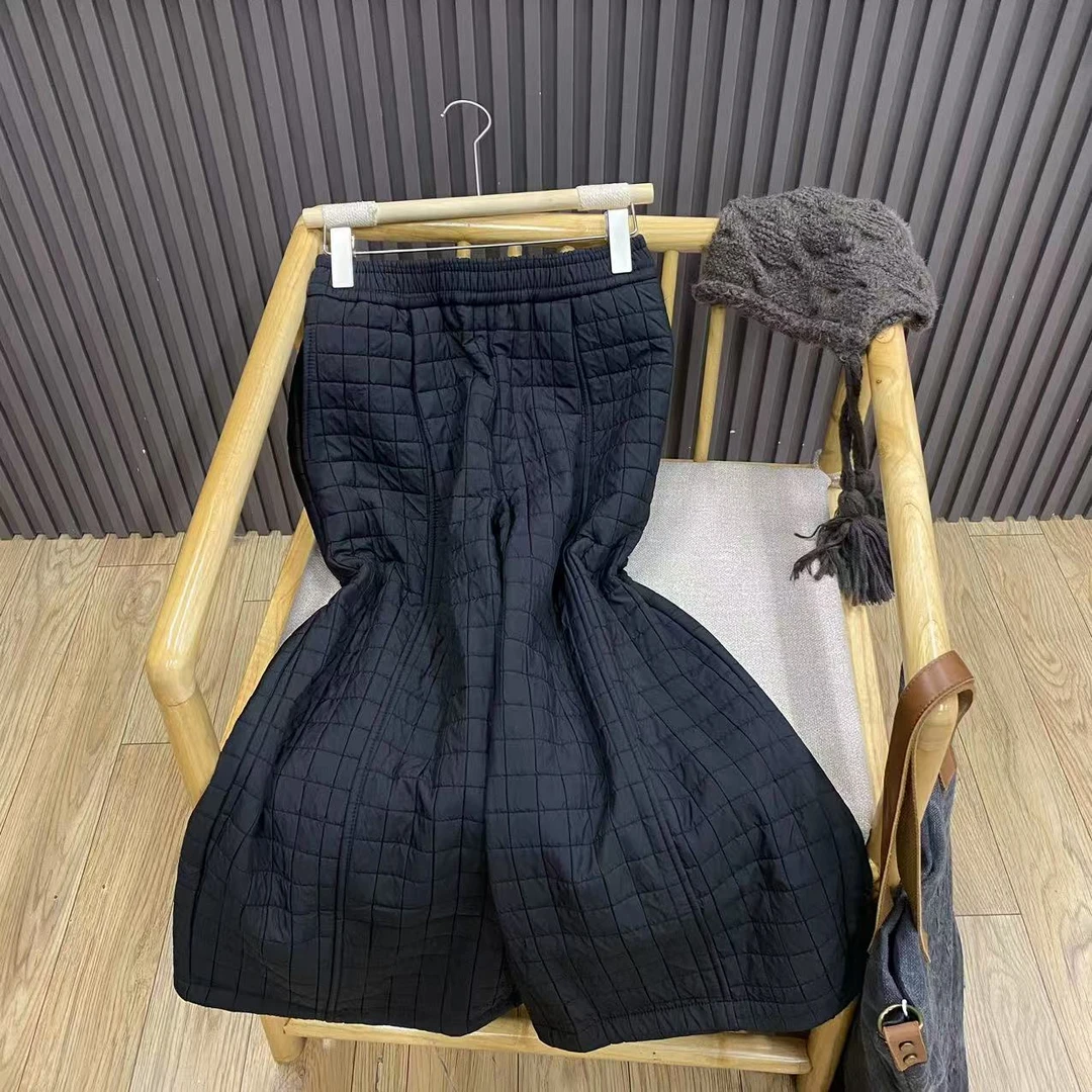 秋冬格纹八分阔腿裤加绒夹棉宽松显瘦保暖松紧腰直筒裤女K8126