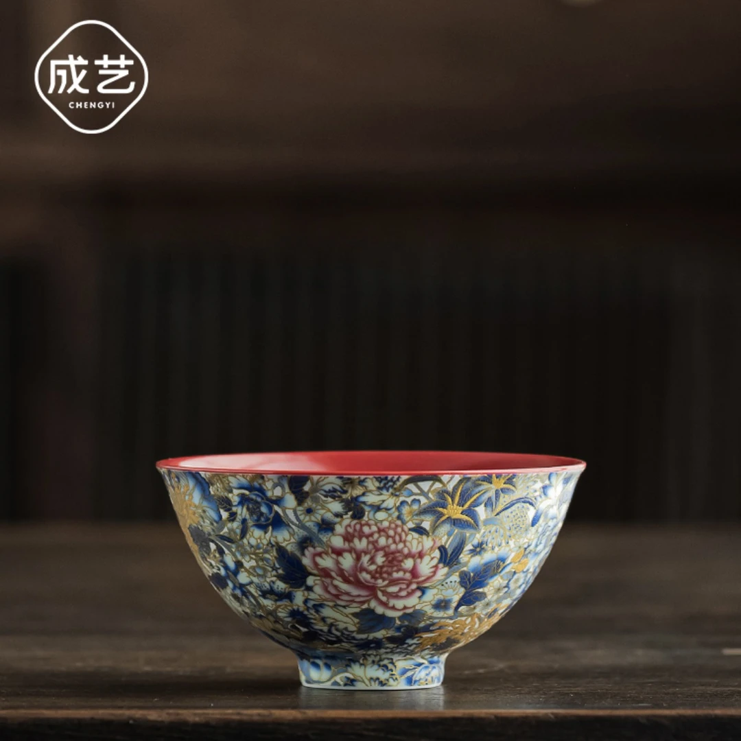 万花银锦中国红主人杯高端功夫茶具个人陶瓷必备泡茶器具斗笠茶杯