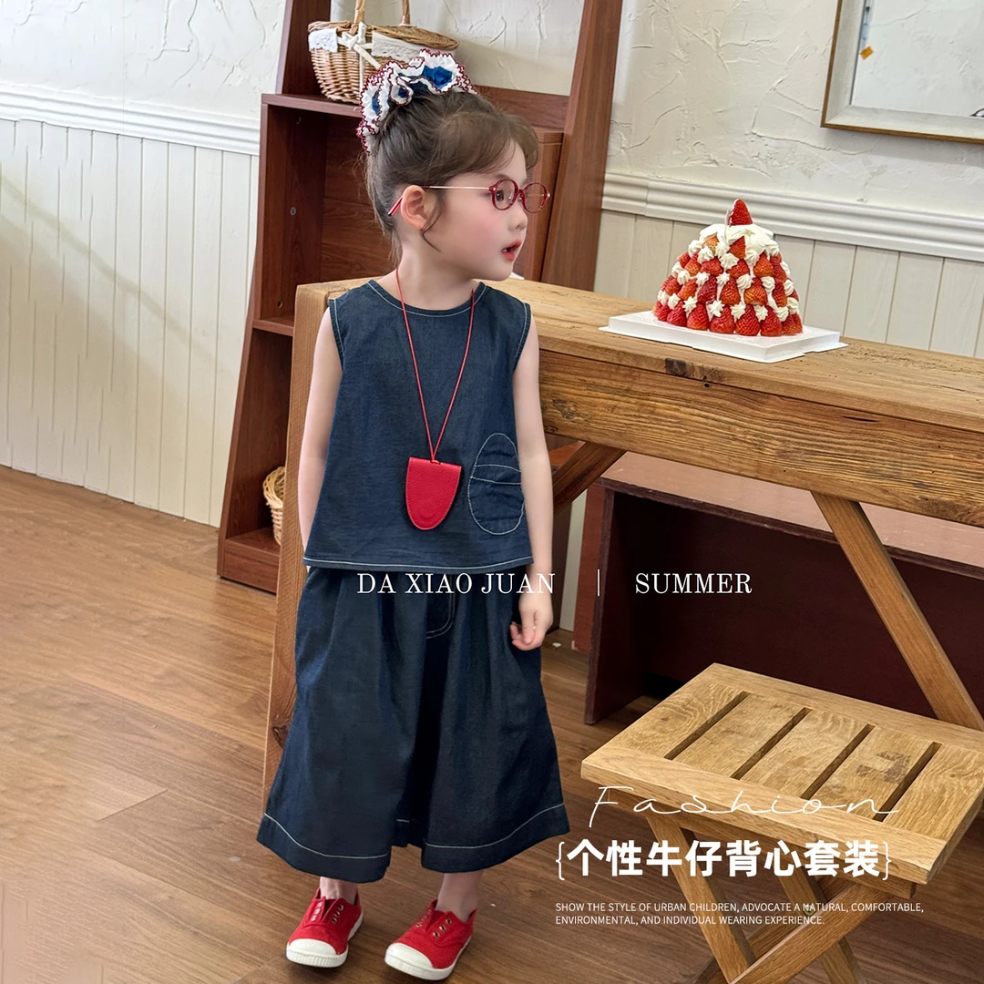 【大小卷】夏季女童无袖牛仔上衣阔腿中裤套装-10229