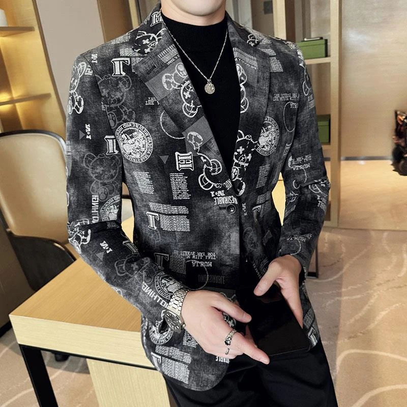 灏吉弧2025新款花西装男外套休闲单西高级感牛仔质感小西装痞帅
