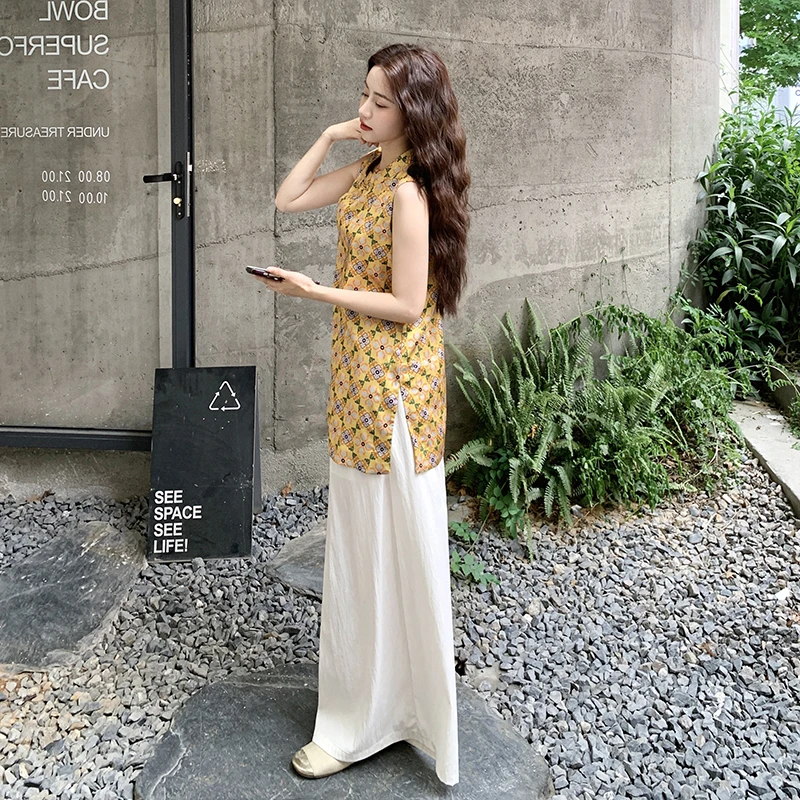 新中式盘扣无袖上衣阔腿裤套装女2025夏季新款显瘦时尚气质两件套