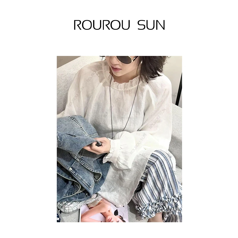 22525甜美日系花边领灯笼袖亚麻衬衫女百搭减龄套头上衣