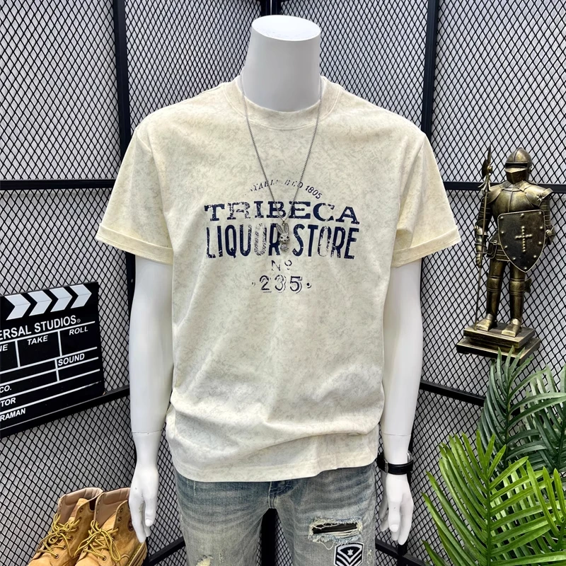 高端轻奢潮牌美式复古短袖t恤潮流圆领衣服2025夏季新款男士体恤