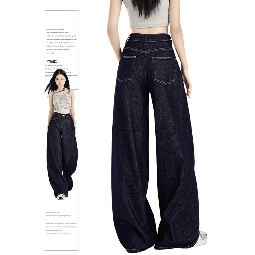 丹宁蓝高街防掉色宽松阔腿加绒加厚拖地裤潮酷百搭高腰牛仔大脚裤