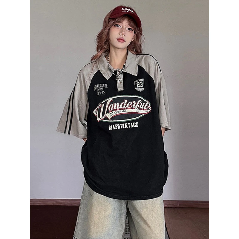 300斤大码女装美式字母印花学院风短袖T恤胖mm夏季POLO领显瘦上衣