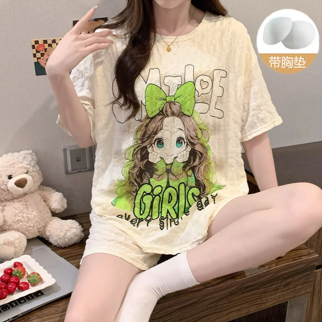 带胸垫云朵棉夏季睡衣女士短袖短裤宽松可外穿卡通女孩家居服2034