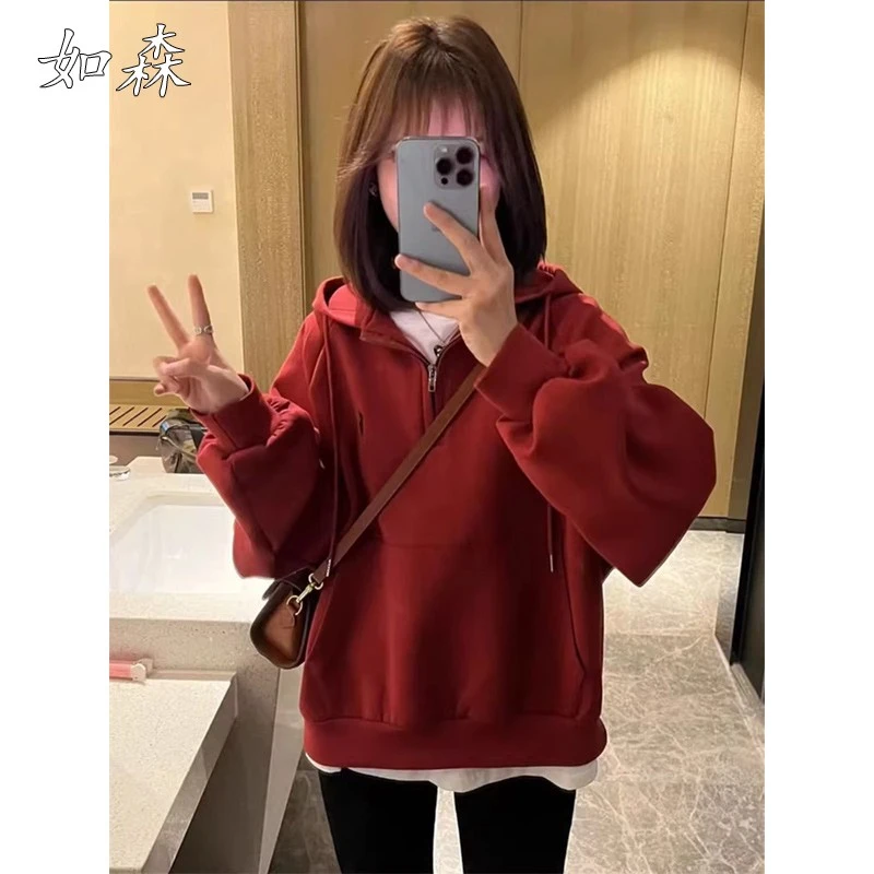 2025春秋季新款爆款时尚洋气宽松小个子红色慵懒连帽半拉链卫衣女