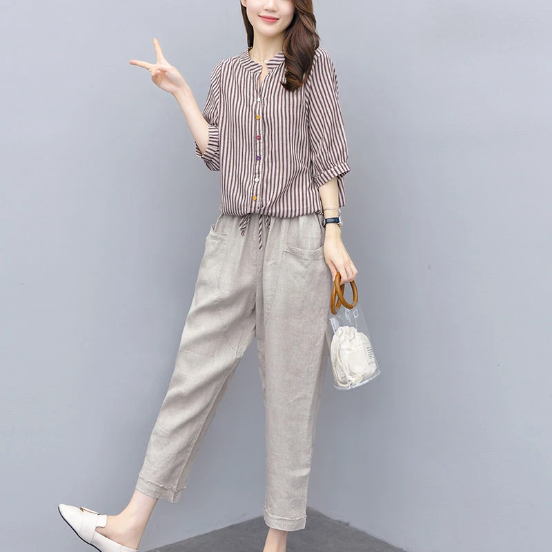YX#条纹上衣九分裤休闲两件套棉麻夏装减龄女装韩版DY2706