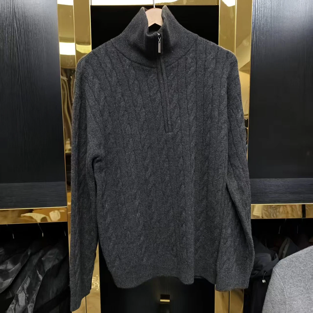 博塔罗/Botaro  100%羊绒男士纯色麻花深灰色拉链翻领羊毛衫休闲