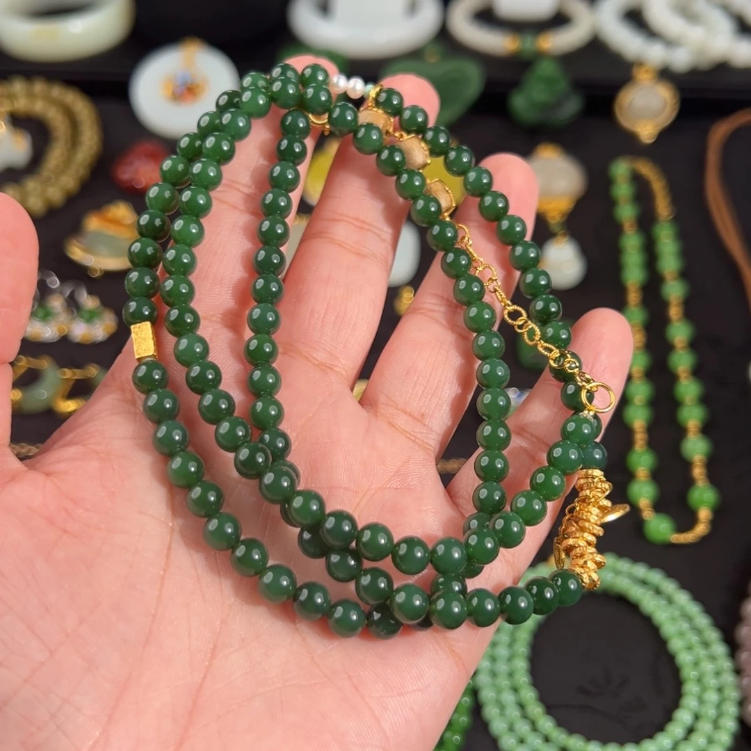 和田玉（碧玉）未镶嵌颈饰瓷蓝设计款6mm108珠串