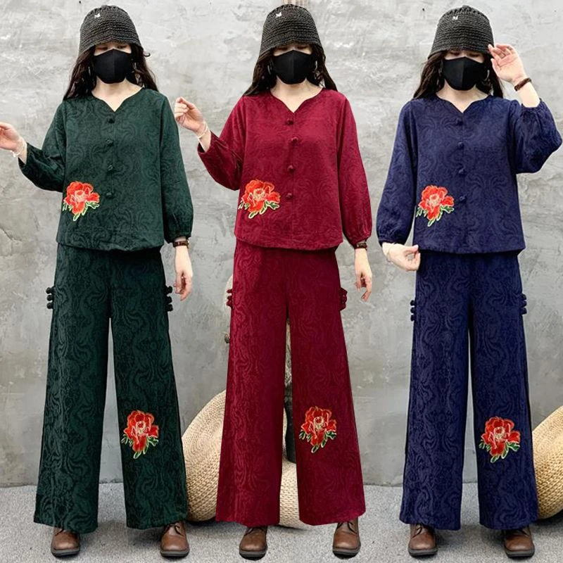 民族风复古提花棉麻套装女春秋季大码宽松上衣刺绣花阔腿裤两件套