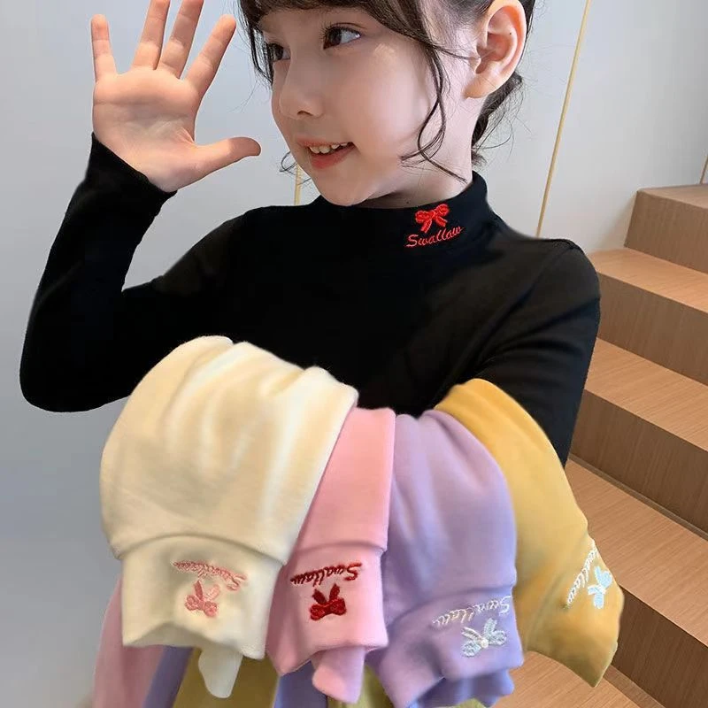 儿童双面德绒半高领打底衫春季洋气女童内搭保暖上衣潮