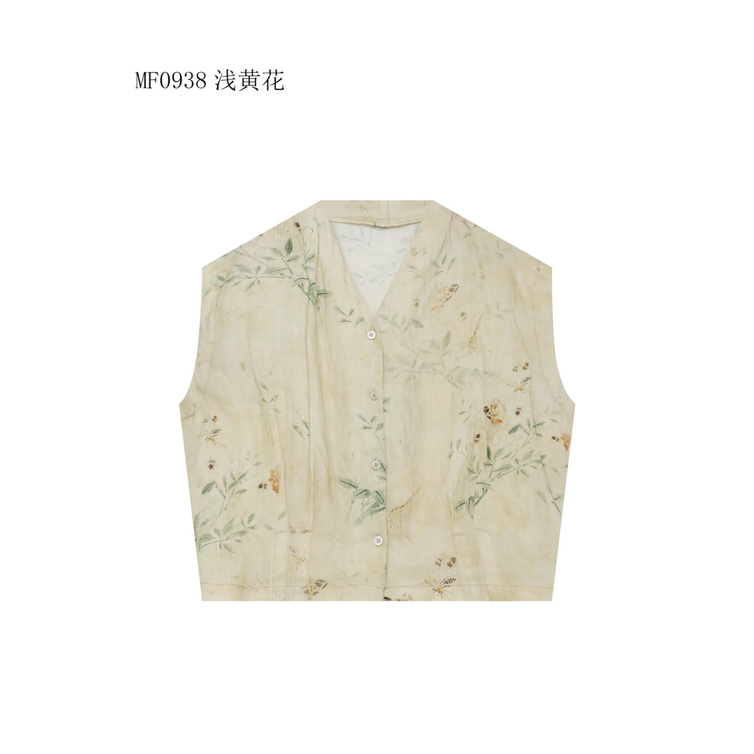 【麻訪家】MF0938浅黄花文艺印花休闲百搭坎肩开衫上衣