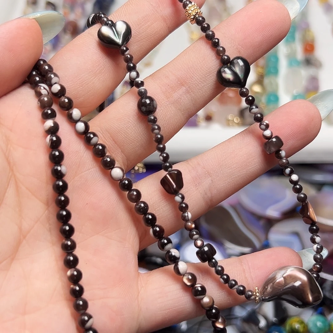 玛瑙/玉髓合金珠宝半成品D27。黑金贝一条4mm