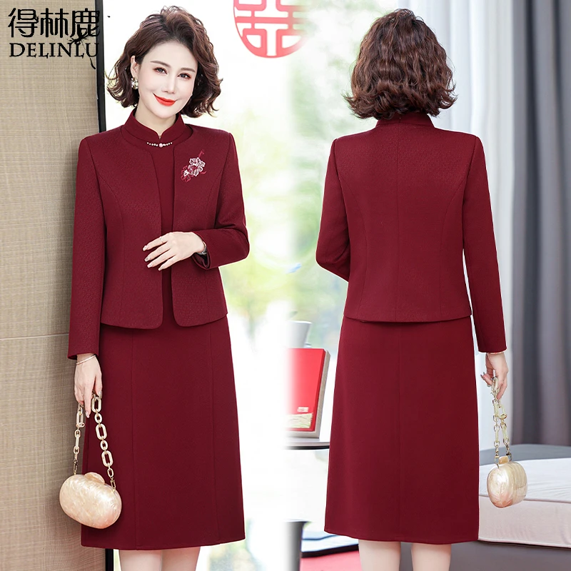 十一喜婆婆婚宴装秋款丈母娘结婚礼服女高贵红色两件套妈妈连衣裙