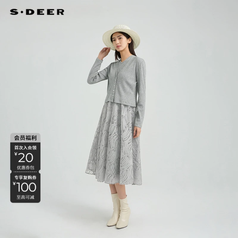 S·DEER圣迪奥轻奢时尚收腰显瘦气质设计师优雅女连衣裙S244Z1411