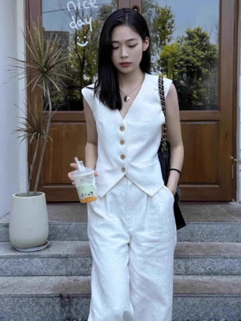 亚麻马甲女款2024夏季高端短款棉麻西装马夹裤子薄款苎麻背心