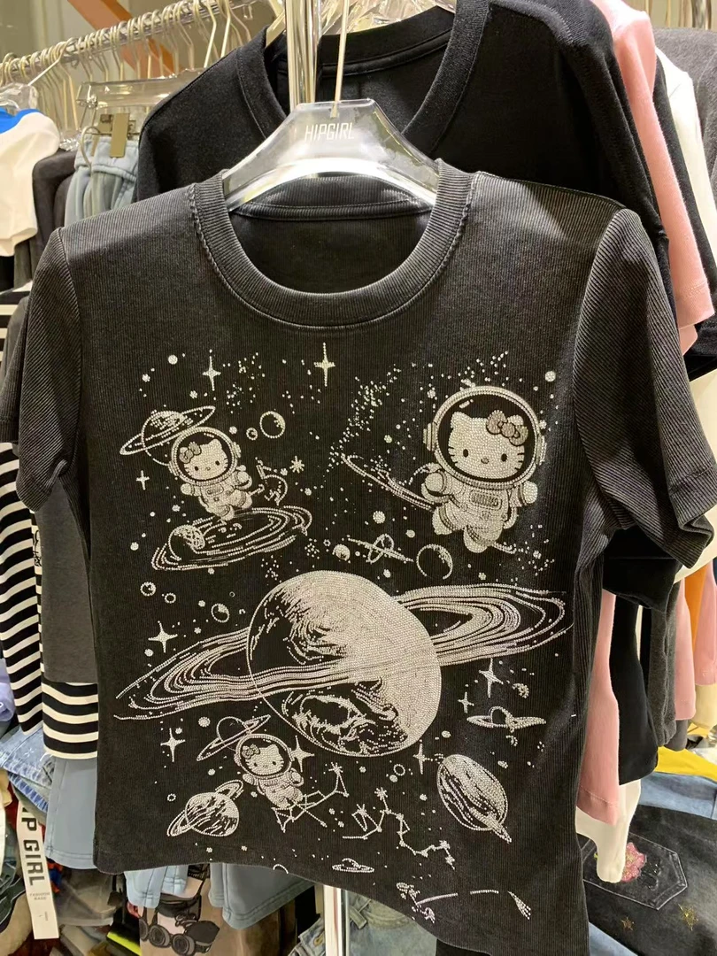 包嫂【W290黑色星球K猫】2025年新T恤重工百搭春夏季款短袖半袖