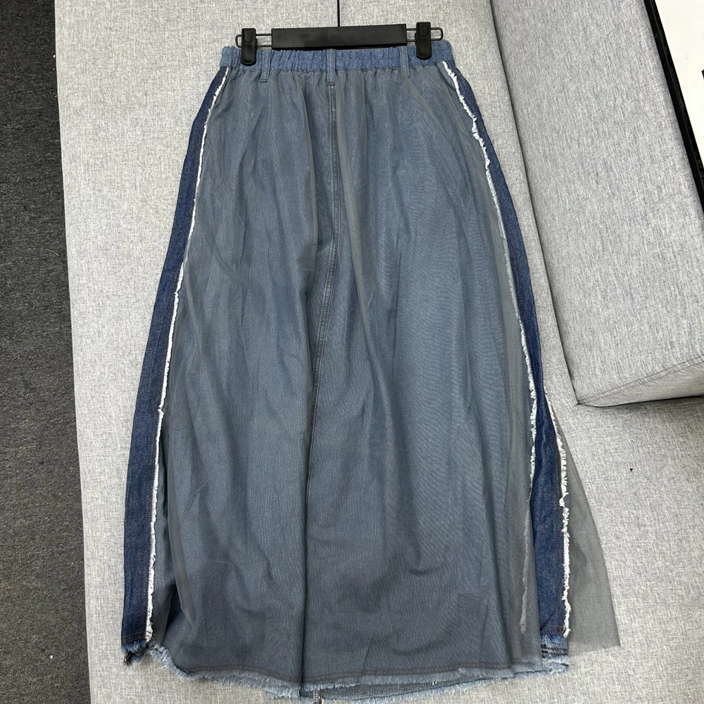 外贸原单【裙长90】网纱设计感日系拼接撞色半身裙时尚新款牛仔半裙