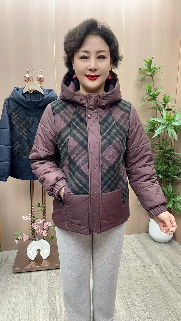 GY#82512棉外套 衣长65 中老年女装妈妈装 时尚宽松连帽格棉外套