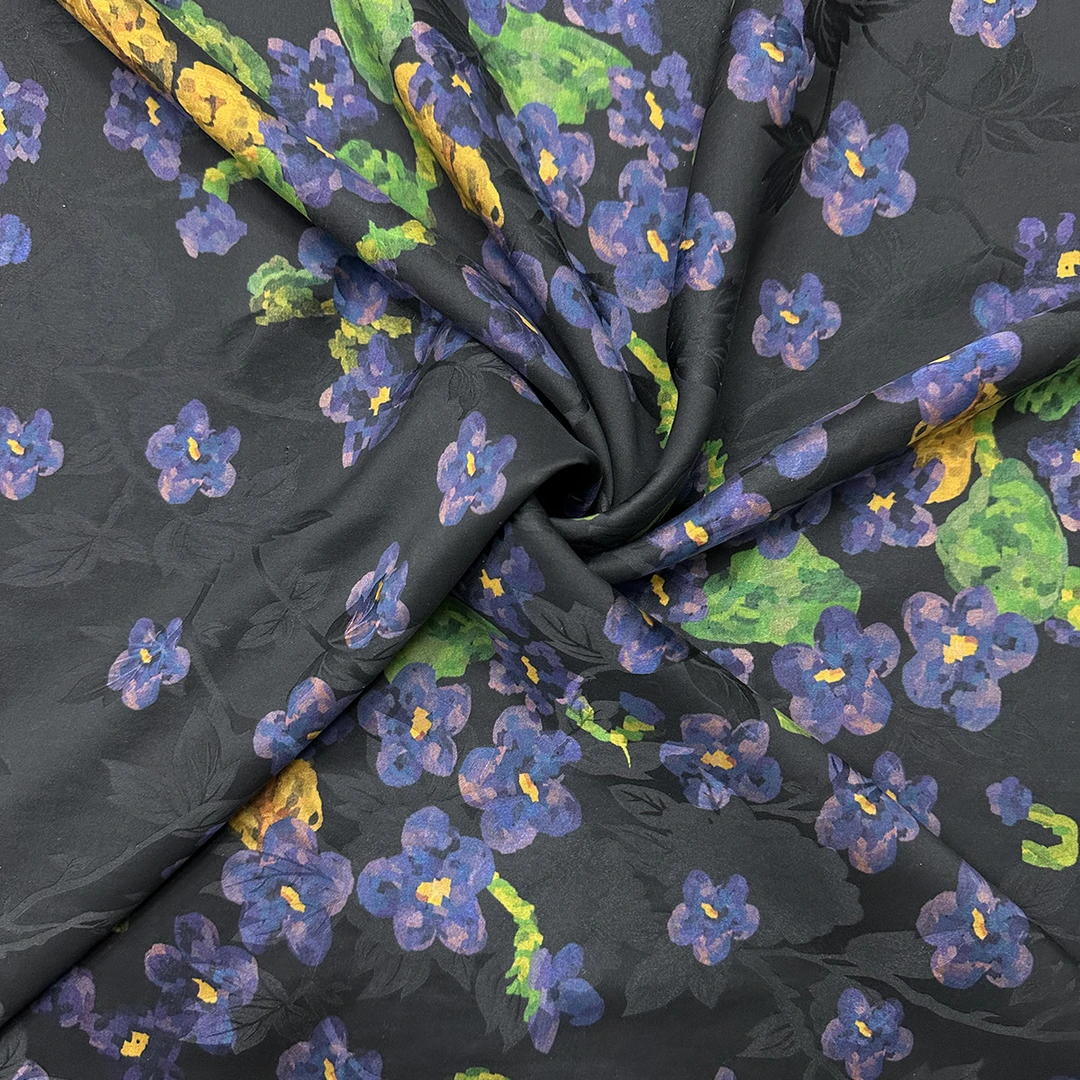 蓝色花海提花缎花萝红云纱110门幅26姆米左右 桑蚕丝面料布料