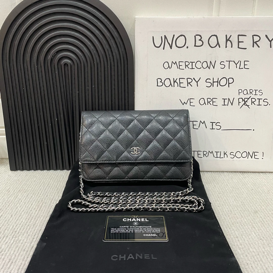 95新 Chanel/香奈儿 黑银荔枝纹发财Woc