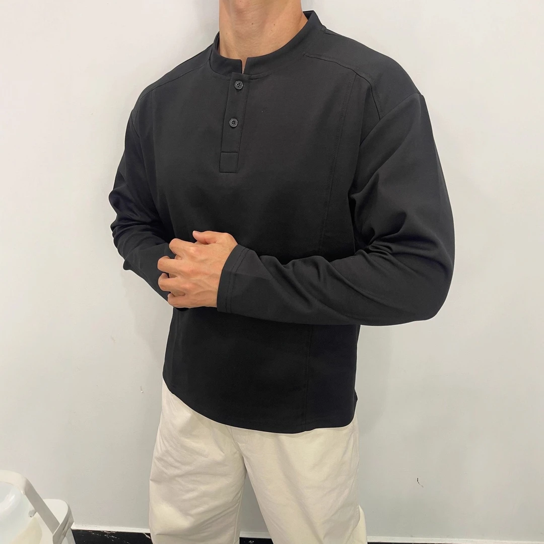 亨利领正肩拼接长袖T恤男款秋季美式高街重磅卫衣cleanfit打底衫