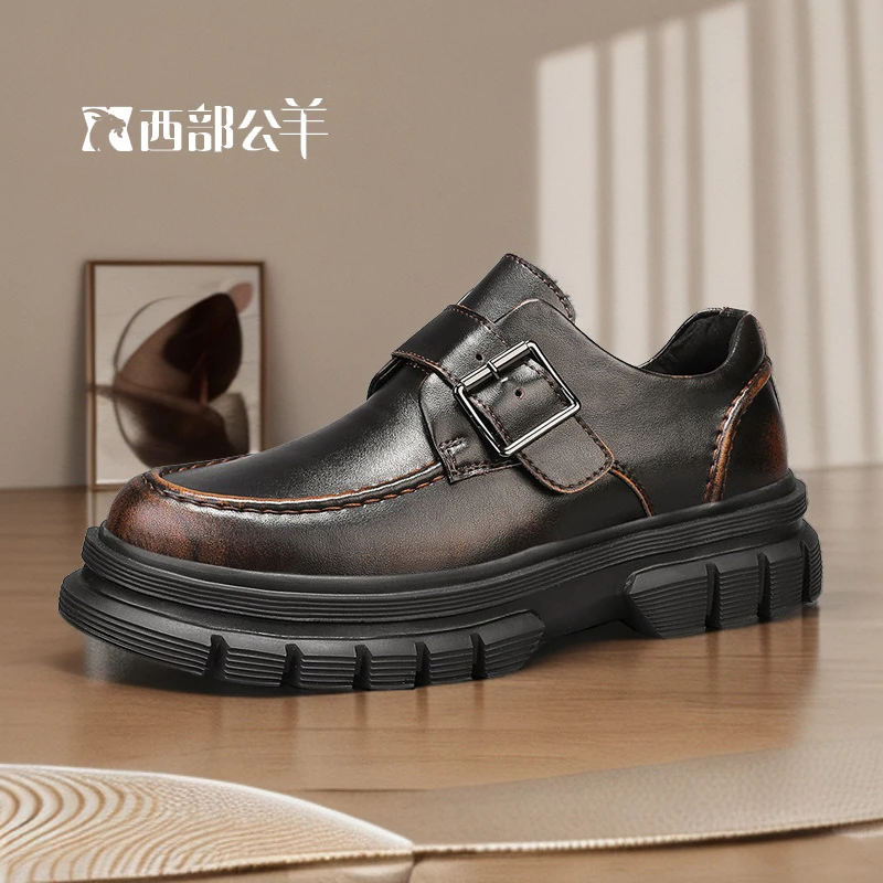 西部公羊德比鞋男低帮马丁靴英伦风圆头大头鞋工装鞋厚底真皮皮鞋