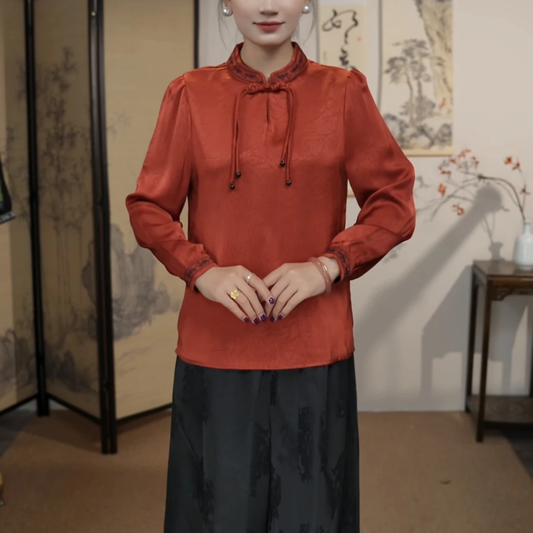 【艳红】中国风休闲中老年女装宽松新中式显瘦盘扣百搭长袖上衣