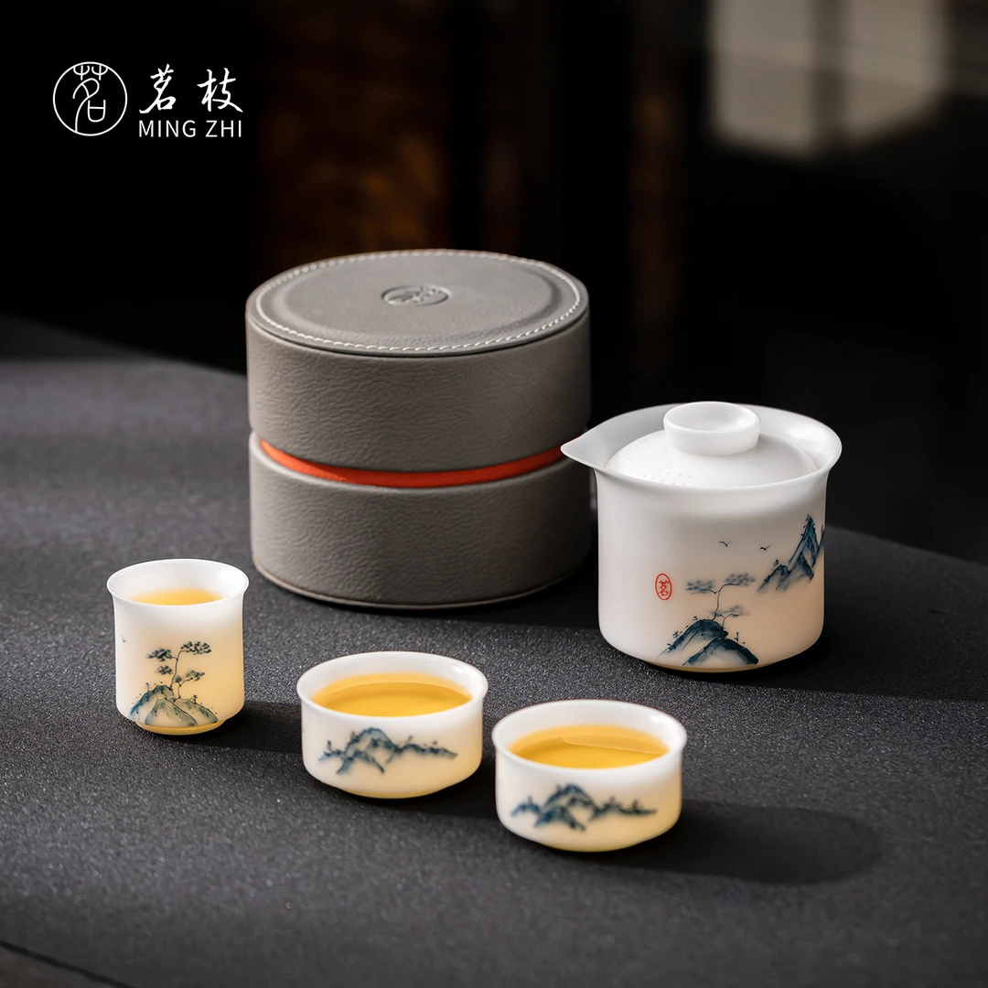 茗枝冰种玉瓷手绘旅行茶具套装手抓壶便携式快客杯送长辈伴手礼