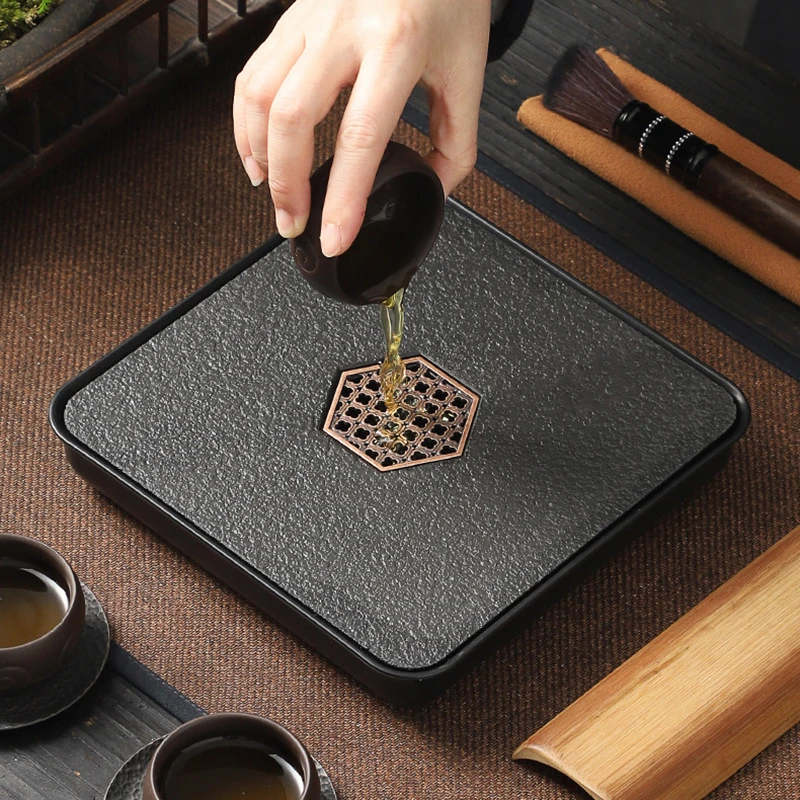 中式仿乌瓷石茶盘茶具小型四方茶台储水排水式干泡台家用茶盘