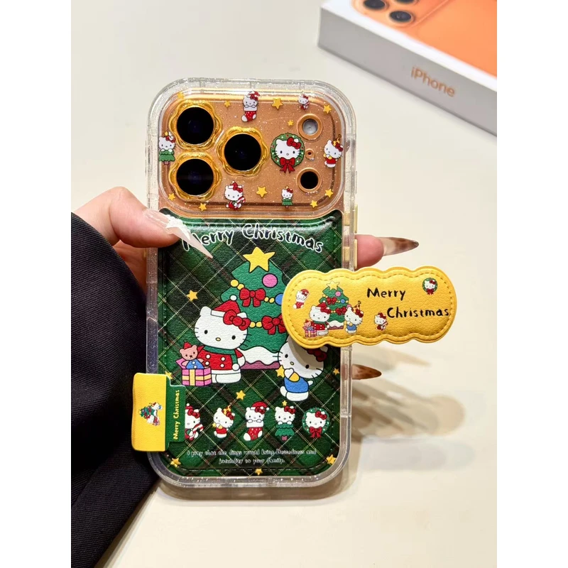 卡通绿菱格圣诞树猫咪折叠支架适用苹果17promax手机壳15iphone16