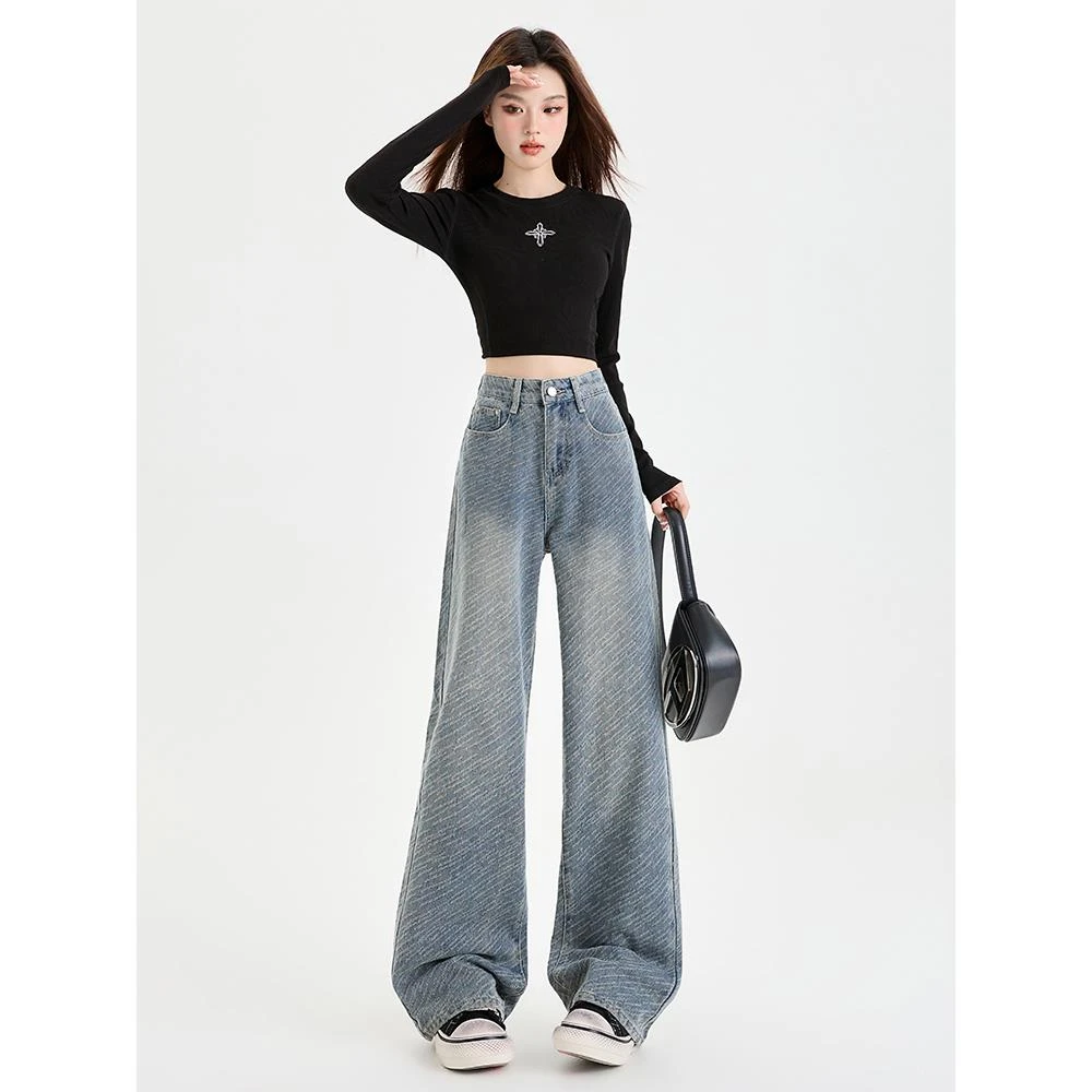 蓝色牛仔裤女2025年夏季薄款高腰显瘦小个子宽松休闲直筒阔腿裤子