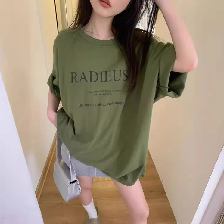 美式复古圆领宽松正肩短袖恤女夏季字母印花别致小众设计感上衣