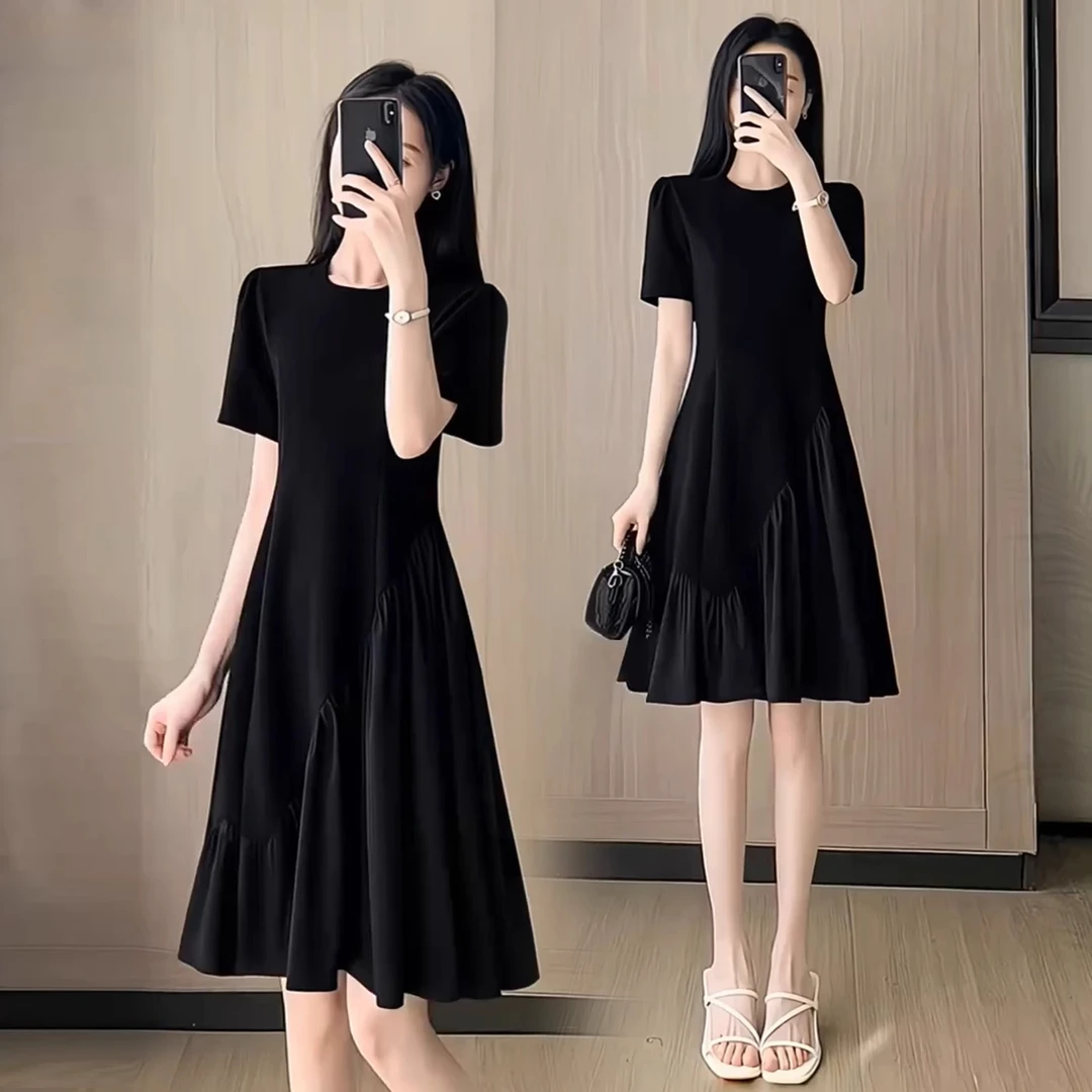 时尚黑色连衣裙女夏季新款时髦洋气高级感中长款气质显瘦A字裙子