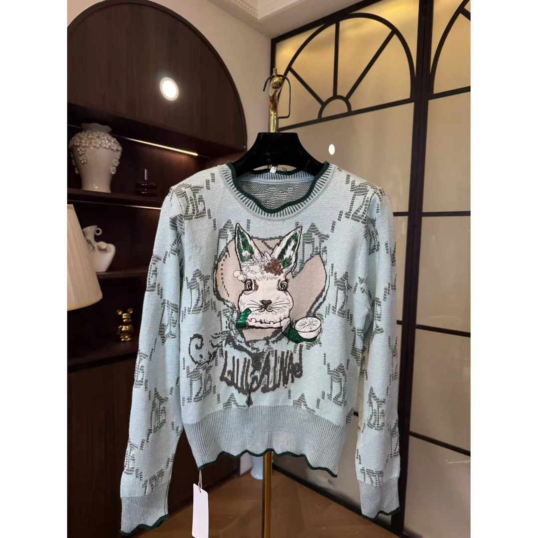 MY237 2024秋冬季新款高档湖蓝色兔子动物提花图案针织衫遮肉毛衣