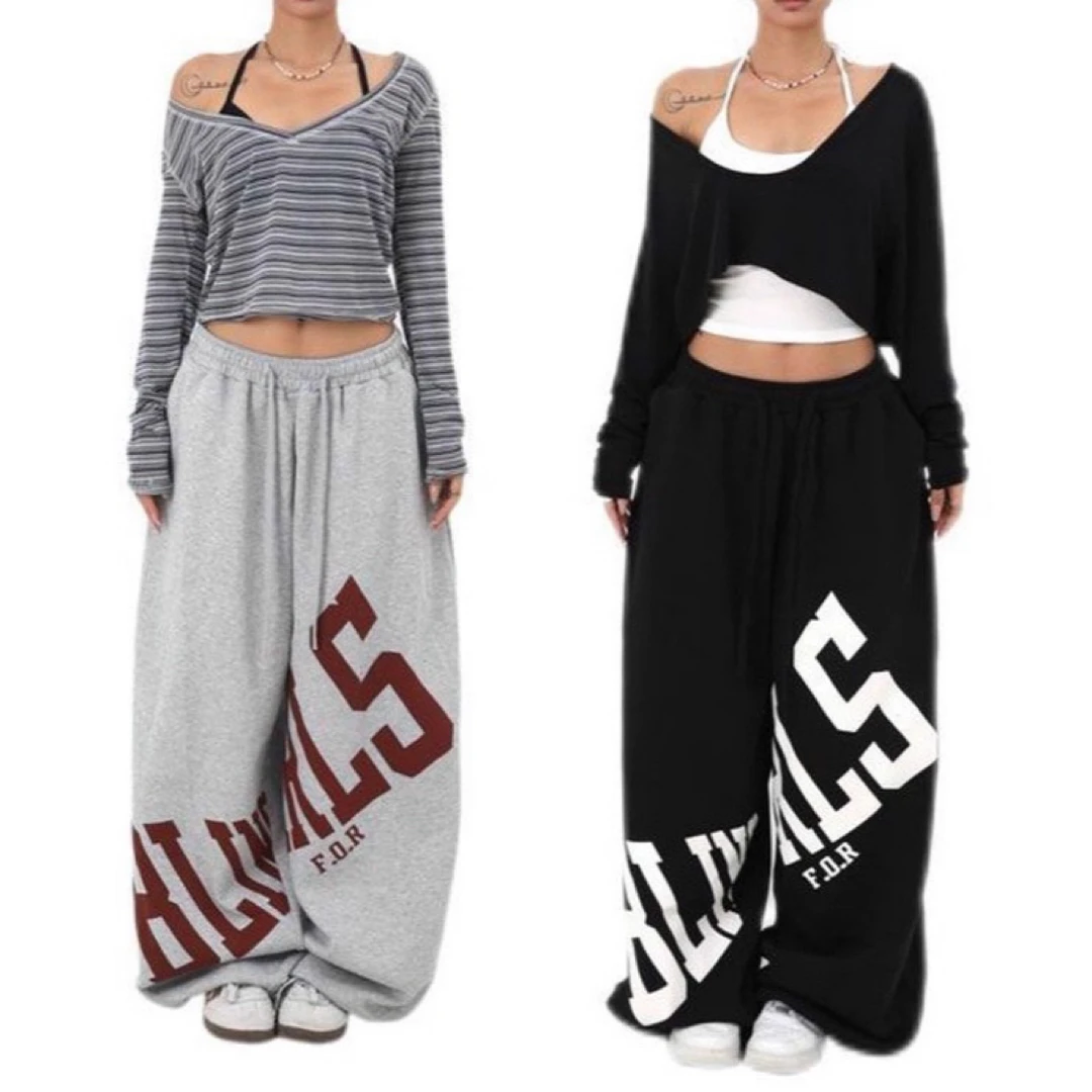 美式街头嘻哈红色印花卫裤男女宽松休闲运动阔腿拖地爵士跳舞长裤