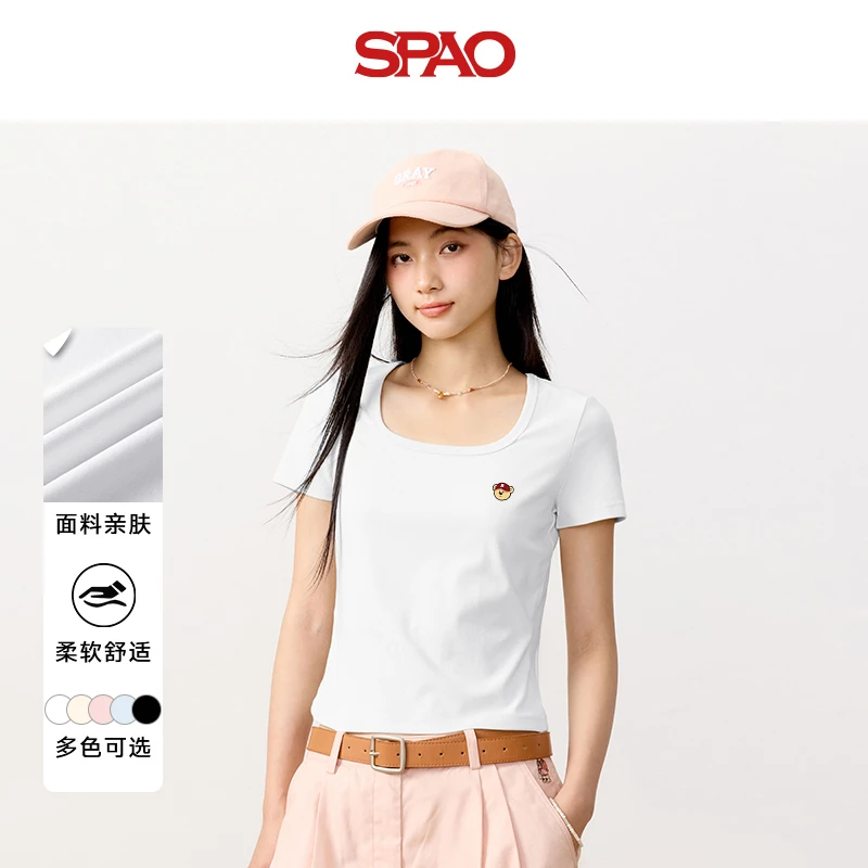 SPAO韩国同款小熊印花上衣女夏设计感修身显瘦甜辣方领短袖T恤YC