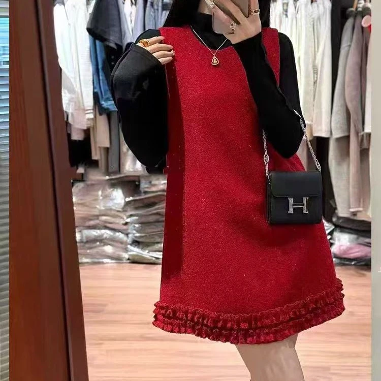 大码小香风连衣裙套装女2026新款气质显瘦时尚打底衫马甲裙两件套