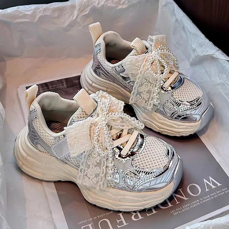 泽泽童鞋新款夏季儿童蝴蝶结运动鞋网面软底公主老爹网鞋