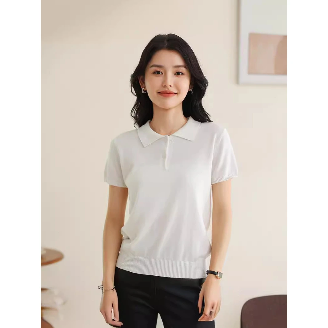 春夏新款纯色棉POLO领半袖女基础简约百搭休闲打底针织衫马甲T恤