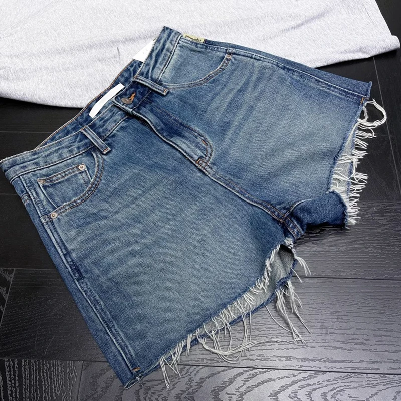 高腰牛仔短裤女款爆款2025新款夏季薄款显瘦小个子毛边梨形三分裤