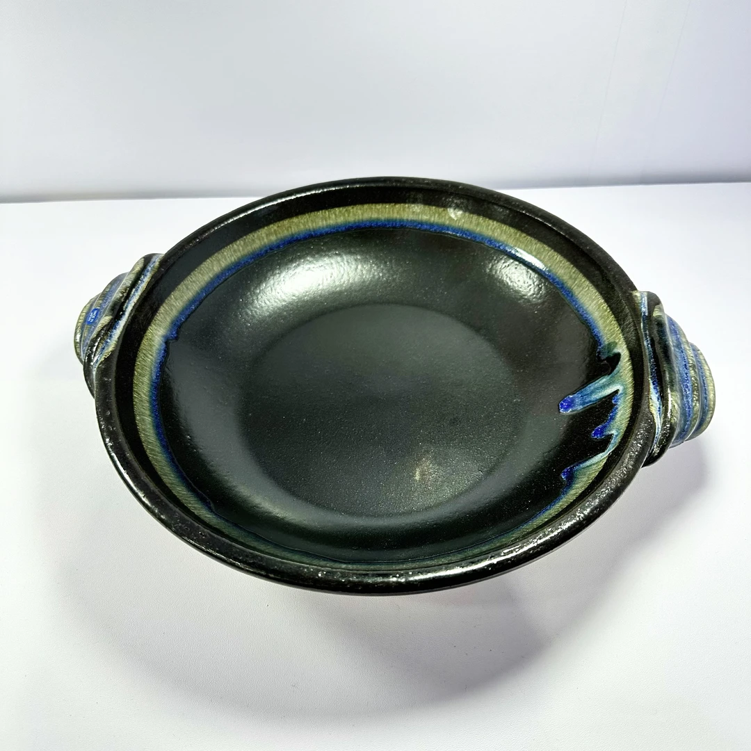 【靛蓝流釉陶板深型】日本原装进口万古烧陶板烤肉黑色烤板烤盘