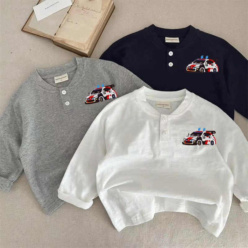 2025新款T恤长袖纯棉卡通小汽车百搭宽松外穿打底上衣中小童潮流t