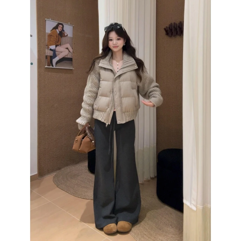 parkyeon秋冬新款韩系加厚保暖针织拼接棉服外套女抽绳休闲裤套装